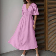Load image into Gallery viewer, Women Clothing Cotton Double Layer Champray High Waist Dress V neck Puff Sleeve Lace up A line Long Dress