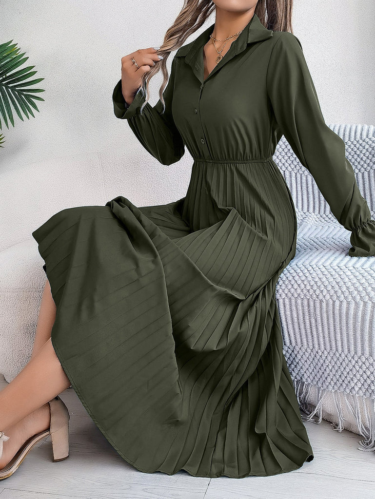 Autumn Winter Casual Collared Button Long Sleeve Cinched Pleated Maxi Dress Women Clothing