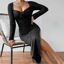 Load image into Gallery viewer, Women Clothing French Elegant Socialite Dress Autumn Winter Square Collar Sexy Slit Slim Midi Dress
