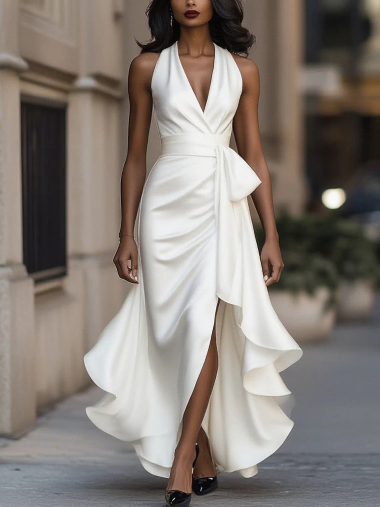 Satin Deep V Plunge neck Sleeveless Waist Trimming Ruffles Elegant Dress for Women