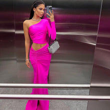 Load image into Gallery viewer, Women Sexy Oblique Shoulder Single Sleeve Pleated Cropped Outfit Split Mid Length Women Dress