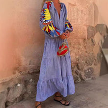 Load image into Gallery viewer, Autumn Long Sleeve Arrival V neck Lantern Sleeve Striped Printed Dress
