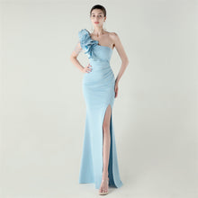 Load image into Gallery viewer, Single Shoulder Craft Beaded Nail Hair Wave Floral Satin High Slit Sexy Evening Dress Evening Cocktail Wedding