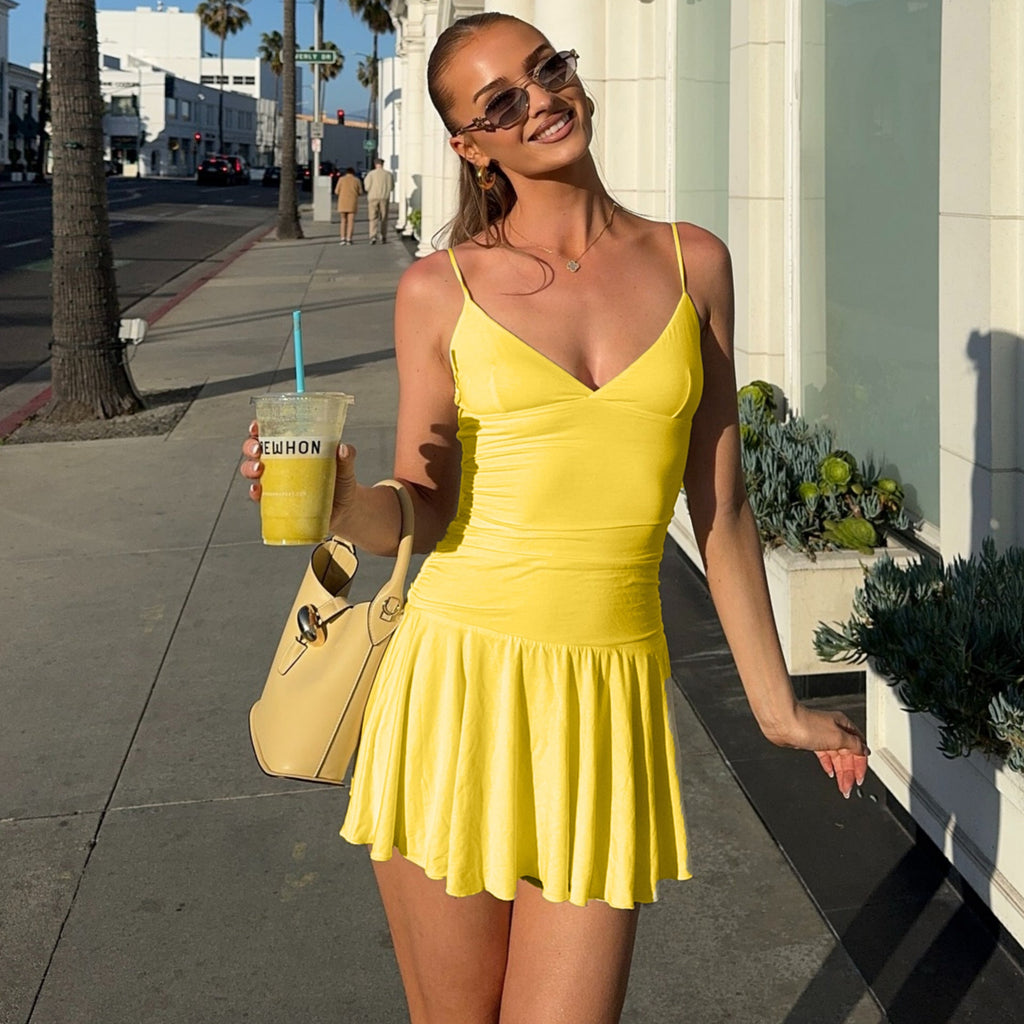 Summer Women Clothing Sexy Deep V Plunge Sling Slim Sheath Pleated Dress