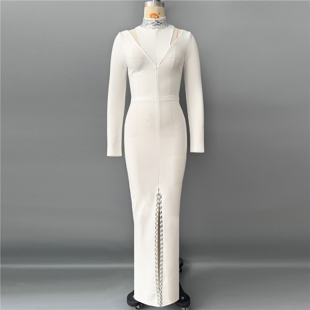 Bead Long Sleeve Bandage One Piece Dress Ladies Party Elegant Graceful Formal Dress