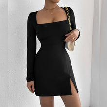 Load image into Gallery viewer, Women Clothing Square Collar Tight Long Sleeve Slit Flared Mini Sexy Dress