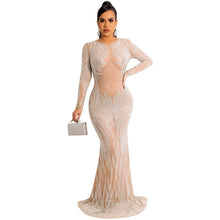 Load image into Gallery viewer, Night Club Sexy Rhinestone Mesh See through Long Sleeve Dress Dress Women