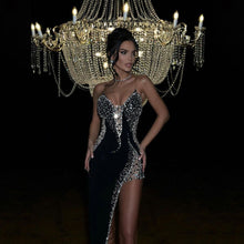 Load image into Gallery viewer, Spring Mid Length Sexy Dress Velvet Sexy High Split Beaded Heavy Industry