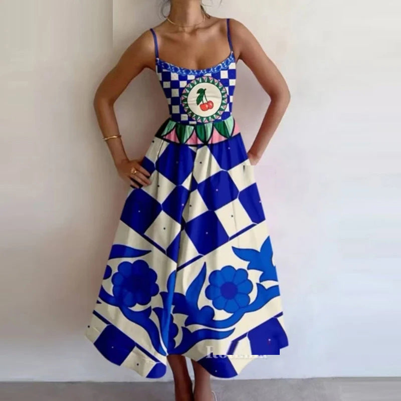 Spring Women Clothing Printing Pleated Waist Tight Large Swing Sling Dress