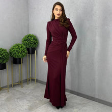 Load image into Gallery viewer, Autumn Women Long Sleeve Fitted Waist Pleated Slim Maxi Dress