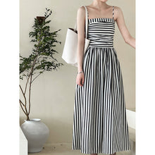 Load image into Gallery viewer, French Striped Bandeau Sling Dress Women High Grade off the Shoulder Pleated Waist Tight A line Long Summer