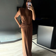 Load image into Gallery viewer, Sexy Brown Twisted Pleated Sleeveless Deep V Plunge Women Clothing Hip Dress