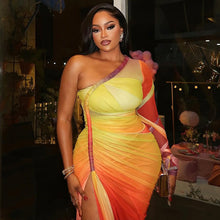 Load image into Gallery viewer, Women Clothing Pleated Color Matching Slit Slim Fitting Asymmetric Diagonal Collar Shoulder Long Sleeve Dress