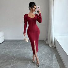 Load image into Gallery viewer, Retro Burgundy Velvet Dress for Women Autumn Winter Square Collar Puff Sleeve Waist Slimming Slit Sheath Maxi Dress