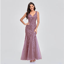 Load image into Gallery viewer, Evening Dress V neck Tulle Embroidered Sequ Sexy Mermaid Prom Dress Women Formal Dress