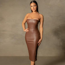Load image into Gallery viewer, Autumn Winter Solid Color Faux Leather Elegant Slim-Fit Tube Top Back Slit Sexy Midi Dress