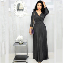 Load image into Gallery viewer, Winter African Women Wear Long Sleeve Bronzing Pleated Swing Dress with Belt Glittering Powder Fabric
