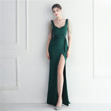 Load image into Gallery viewer, Craft Beaded Car Model Bridesmaid Performance Wedding Long Slit Evening Dress