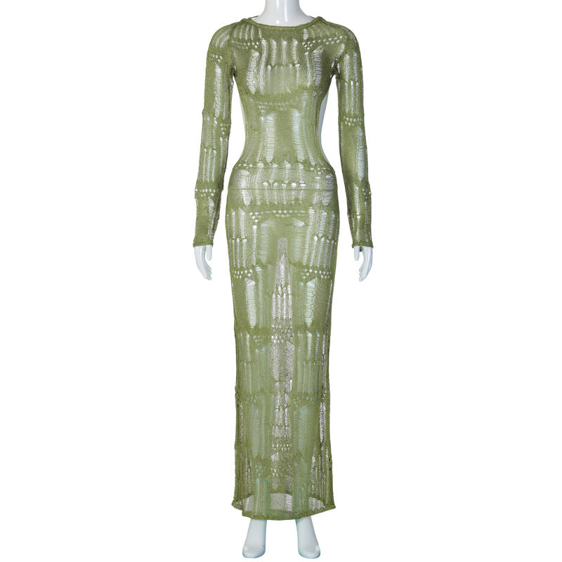 Fall Best Seller in Sexy Backless Hollow Out Cutout out See through Long Sleeve Slim Long Woolen Dress for Women