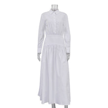 Load image into Gallery viewer, Women Clothing Spring Summer White Office Pleated A line Dress Collared Long Sleeve Shirt Dress Women