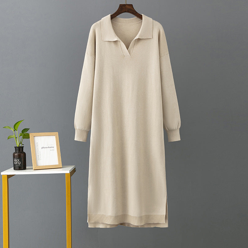 Autumn Winter Polo Collar Base Knitting Loose Solid Color Women Dress