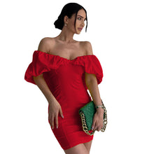 Load image into Gallery viewer, Spring Casual Vacation Tight Waist Slimming Sense Design Pleated Off Shoulder Hip Bag Dress