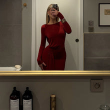 Load image into Gallery viewer, Round Neck Long Sleeve Bare Back Waist Controlled Lace up Elegant Slim Red Carpet Dress