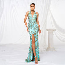 Load image into Gallery viewer, Women Clothing High End V neck Halter Slim Fit Sheath Sequined Cocktail Split Evening Dress