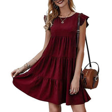 Load image into Gallery viewer, Summer Solid Color round Neck Short Sleeves Dress Casual Tiered Dress Pleated Large Swing Dress