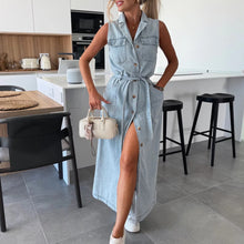 Load image into Gallery viewer, Women Sleeveless Long Tie Waist Single Breasted Denim Dress