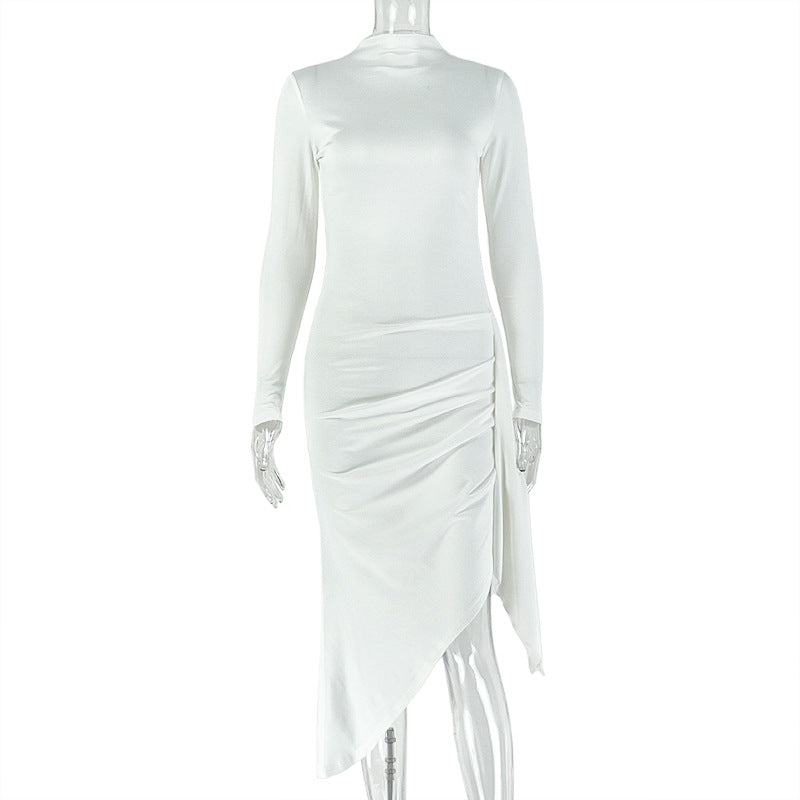 Solid Color Elegant Women Pleated Trendy Hip Dress Tight Waist round Neck Long Sleeve Asymmetric Dress