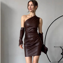 Load image into Gallery viewer, Faux Leather Dress Street Hipster Women Clothing Diagonal Collar Sleeveless Oversleeve Tight Waist Sheath Dress