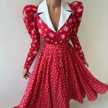 Load image into Gallery viewer, Contrast Color Design Collared Long Sleeve A line Women Waist Controlled Printed Large Swing Dress