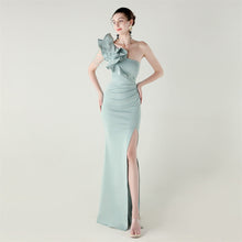 Load image into Gallery viewer, One Shoulder Craft Beading Wave Floral Satin High Slit Sexy Evening Dress Dinner Party Wedding Social