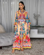 Load image into Gallery viewer, Fall Lapels Lantern Sleeve Waist Tight Ethnic Painted Printing Comfort Casual Maxi Dress Women
