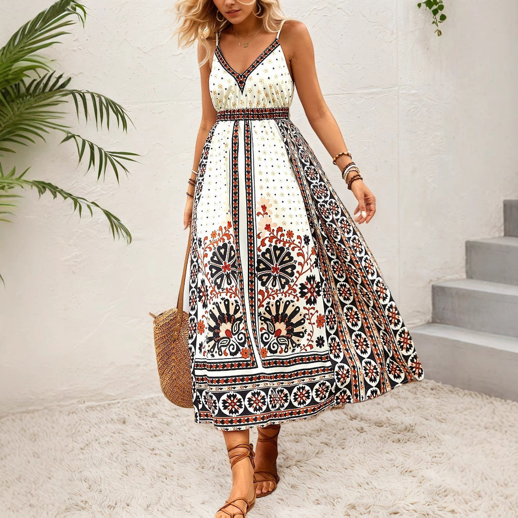 Backless Cami Dress Bohemian Ethnic Positioning Printing Vacation Casual Internet Influencer Long
