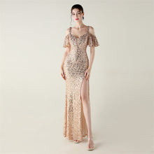 Load image into Gallery viewer, Bead Tube Sequin Heavy Industry Evening Dress Short Sleeve off the Shoulder Deep V Plunge High Slit Fishtail Dress Cocktail Socialite