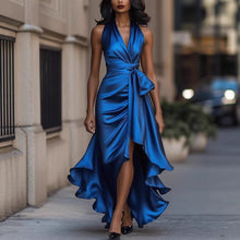 Load image into Gallery viewer, Satin Deep V Plunge neck Sleeveless Waist Trimming Ruffles Elegant Dress for Women