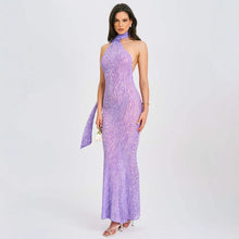 Load image into Gallery viewer, Lace up Bare Back Sexy Halter High Waist See through Mesh Slim Fit Oblique Shoulder Dress