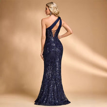 Load image into Gallery viewer, Sequin Oblique Shoulder Applique Evening Dress Women Cocktail Fishtail Host Toast Dress