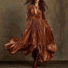 Load image into Gallery viewer, Autumn Winter Retro High Grade V neck Velvet Ruffled Large Swing Dress