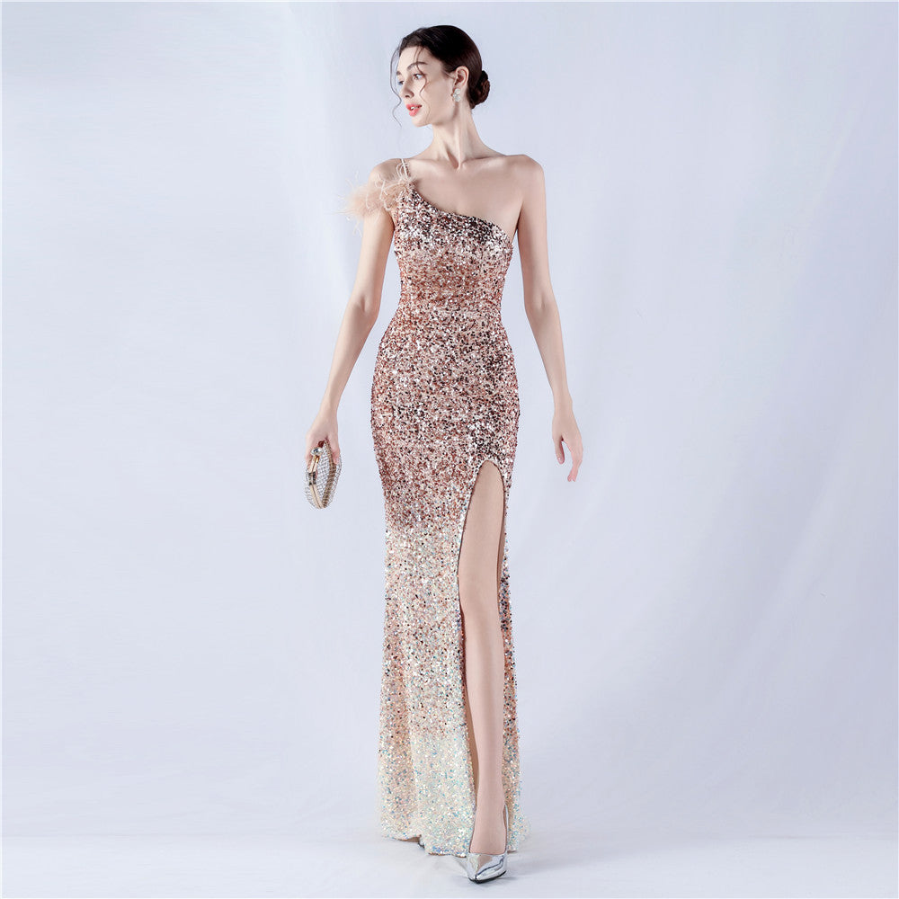 Dress Gradient Velvet Bottom Sequin Craft Order Ostrich Feather One Shoulder Diagonal Collar High Fork Evening Dress