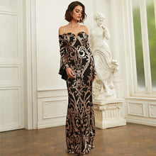 Load image into Gallery viewer, Long Sleeved Elegant Sexy Tight Long Sequined Slim Fit Off Neck Annual Party Evening Dress Women