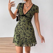Load image into Gallery viewer, Summer Lady Sexy Floral Embroidered V neck Color Contrast Edge A line Dress
