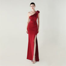 Load image into Gallery viewer, One Shoulder Three Dimensional Floral Satin Folding High Slit Sexy Evening Dress Dinner Wedding Social