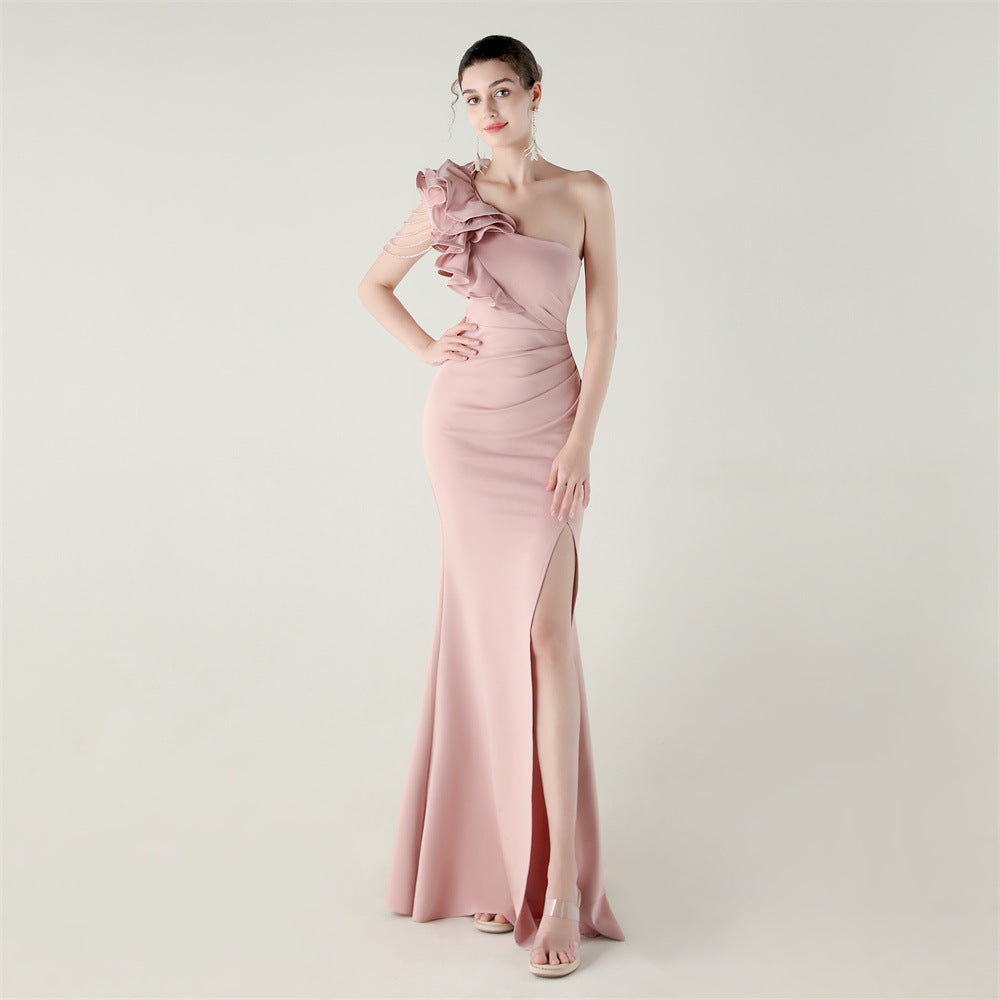 Single Shoulder Craft Beaded Nail Hair Wave Floral Satin High Slit Sexy Evening Dress Evening Cocktail Wedding