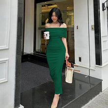 Load image into Gallery viewer, Spring Off Shoulder Pleated Dress Slim Fit Slimming Slit Bottoming Formal Dress