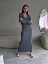 Load image into Gallery viewer, Long Sleeve V neck Tight Knitted Dress Solid Color Rib Fabric Wool Long Autumn Winter Dress