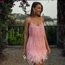 Load image into Gallery viewer, Tassel Sequ Multi Color Birthday Party Sexy V neck Strap Feather Stitching Gown Dress