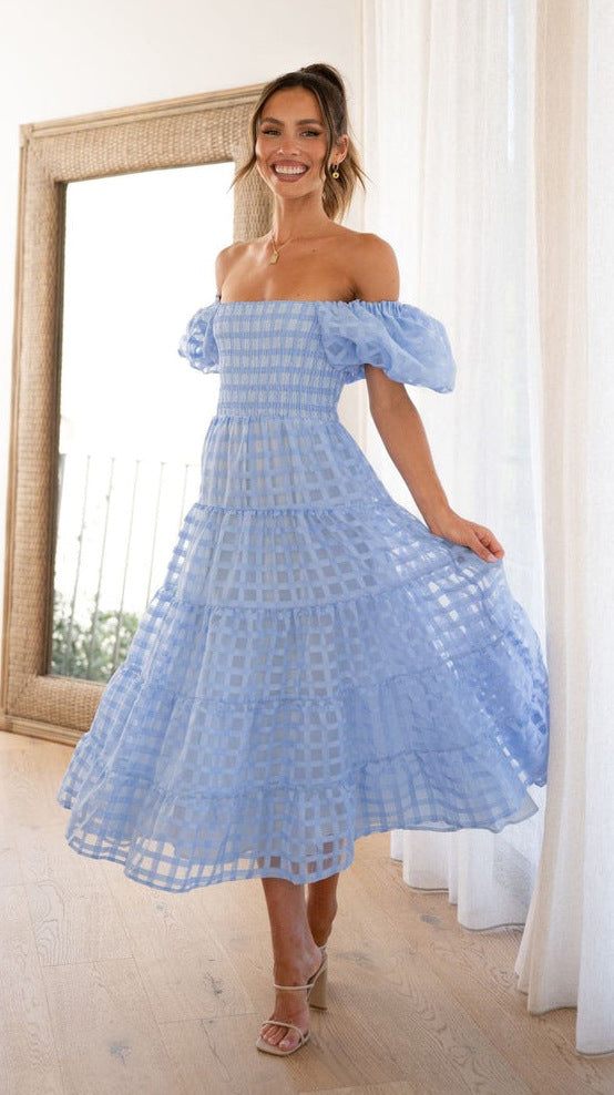 Women One Neck Lantern Sleeve Layer Stitching Dress